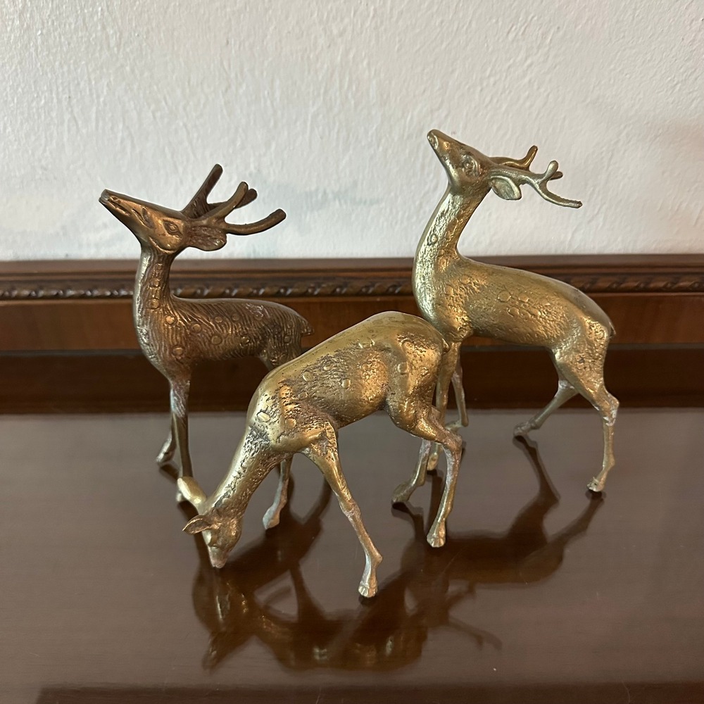 Vintage Brass Deer Figurines Set 3 Mid Century Modern Reindeer Statues Buck Doe